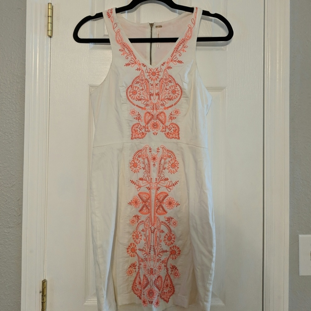 Free People white dress with hot pink embroidery